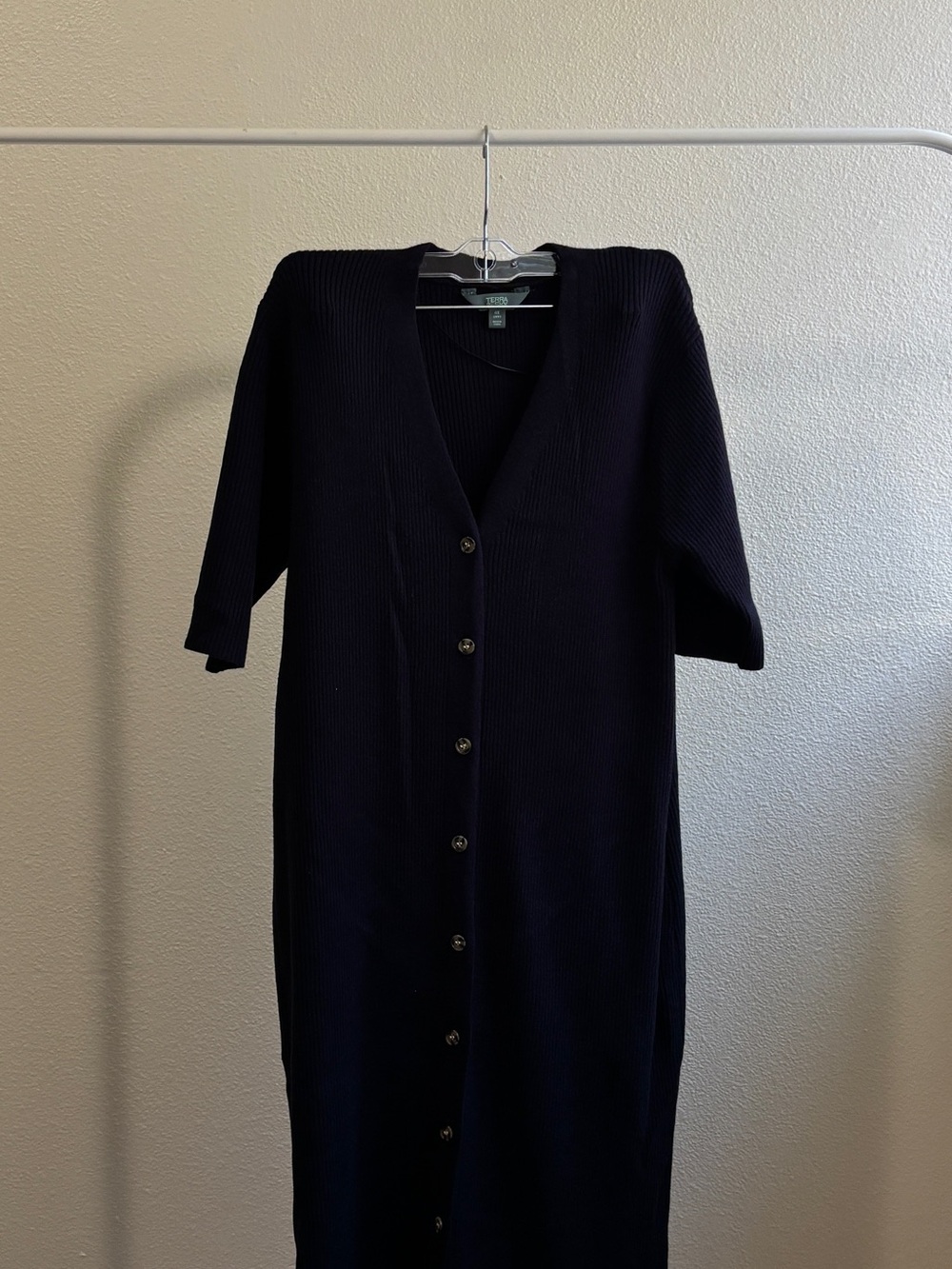 Terra & Sky Black Ribbed Button-Front Midi Dress